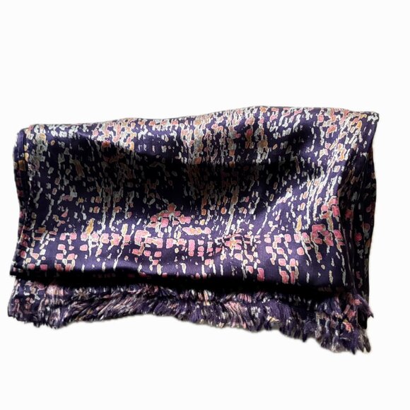 Italian Silk Scarf Multi-color Abstract Pattern on Indigo Fringe Edge 76x16 NWOT - Picture 4 of 6